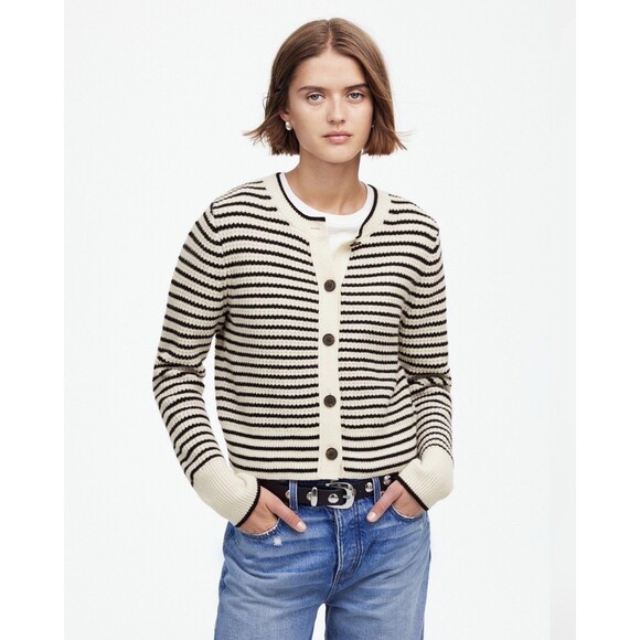 Madewell Sweaters - Madewell Waffle-Knit 100% Merino Wool Long Sleev Cardigan in Stripe Black Crm XL